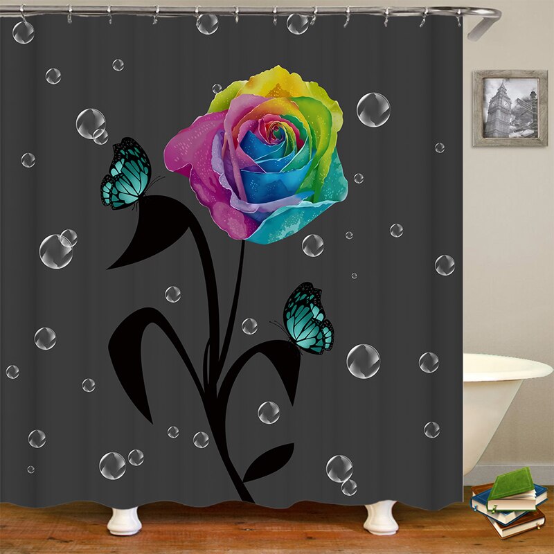 Butterfly Rose Flower Shower Curtain Sets Non-Slip Rugs Bath Mat Toilet Lid Cover 12 Hooks Waterproof Polyester Bathroom Decor