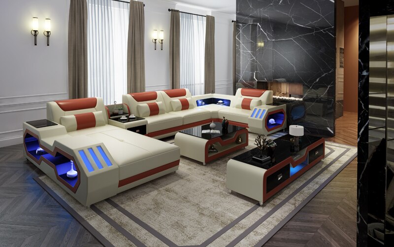 Living Room Furniture 5 Seats U Shaped Corner Sectional Leather Sofa +Coffee table+Tv Stand with Led lighting Sofa Set