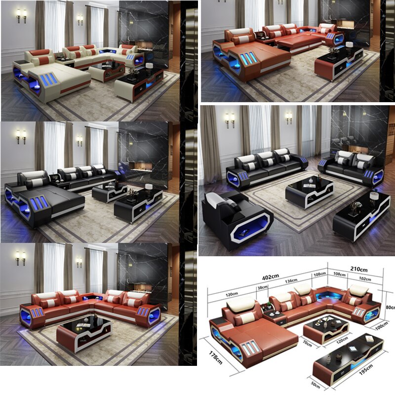 Living Room Furniture 5 Seats U Shaped Corner Sectional Leather Sofa +Coffee table+Tv Stand with Led lighting Sofa Set