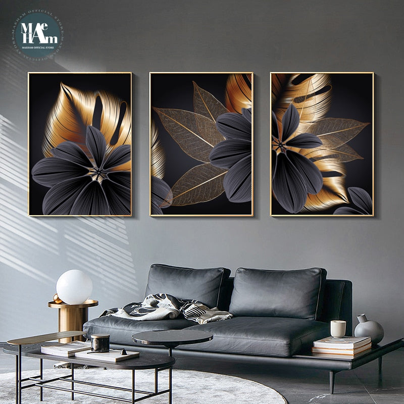 Nordic Black Golden Plant Leaf Canvas Posters Print Modern Abstract Wall Art Painting Decoration Picture Living Room Home Decor