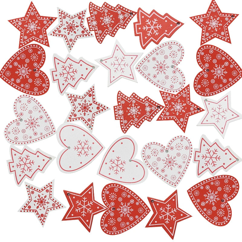 30pcs/lot Christmas Ornament Rustic Star Red Heart Christmas Tree Wooden Hanging Ornament For DIY Wedding Birthday Party Decor