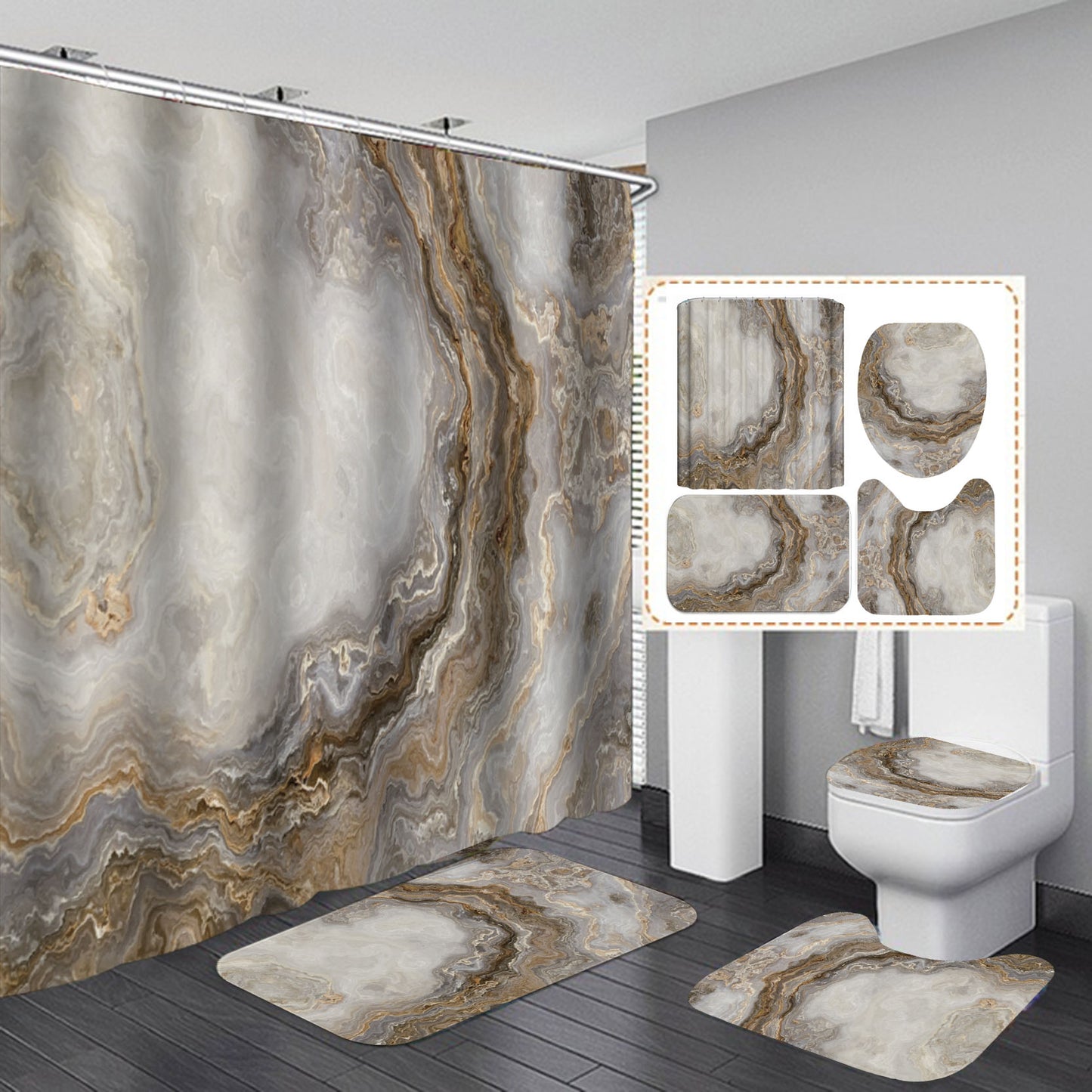 Marble White Shower Curtain Set with Non Slip Rug Bath Mat Carpet Modern Bathroom Curtains Toilet Lid Cover Home Decoration