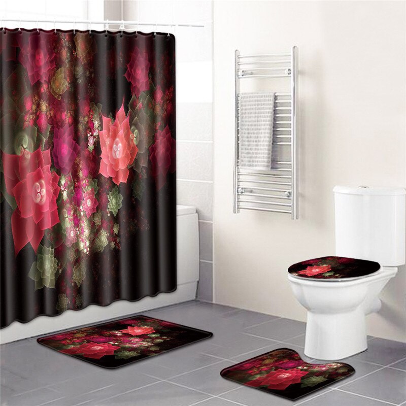 Elegant Flower Print Shower Curtain Set Waterproof Bathtub Screen Soft Bath Mats Carpets Rugs Bathroom Accessories Home Decor