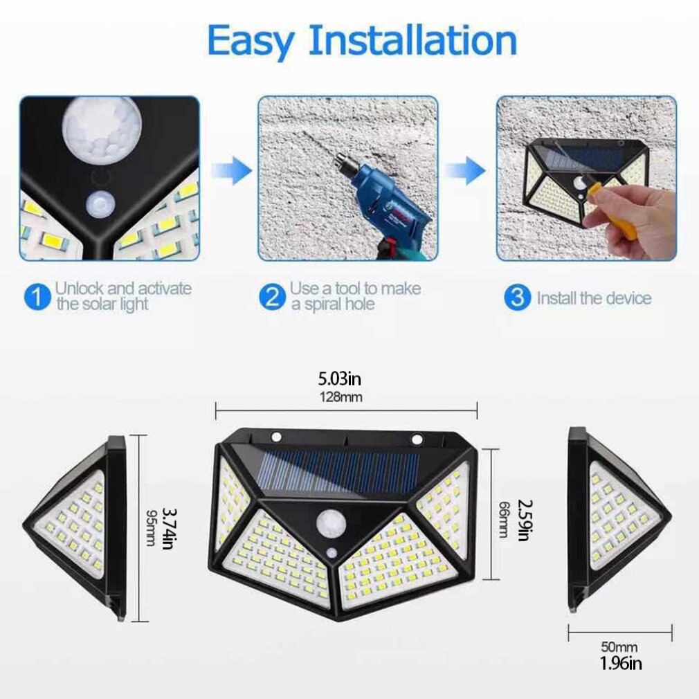 100 LED Solar Wall Lamp PIR Motion Sensor Light Outdoor Waterproof Garden Courtyard Solar Street Lights Lighting 3 Modes