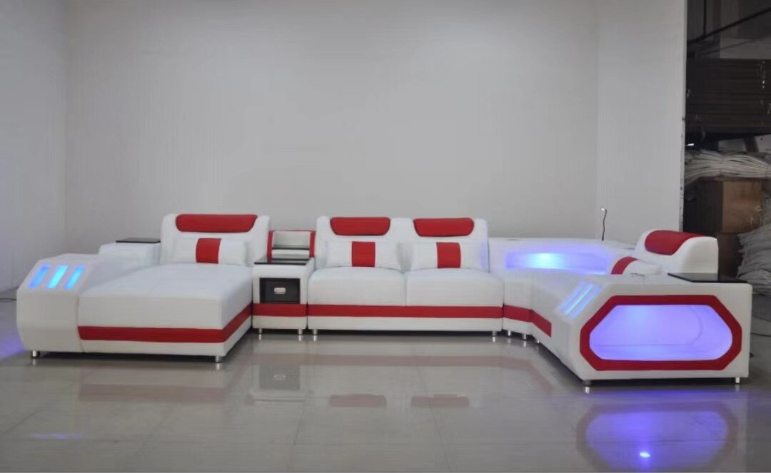 Living Room Furniture 5 Seats U Shaped Corner Sectional Leather Sofa +Coffee table+Tv Stand with Led lighting Sofa Set