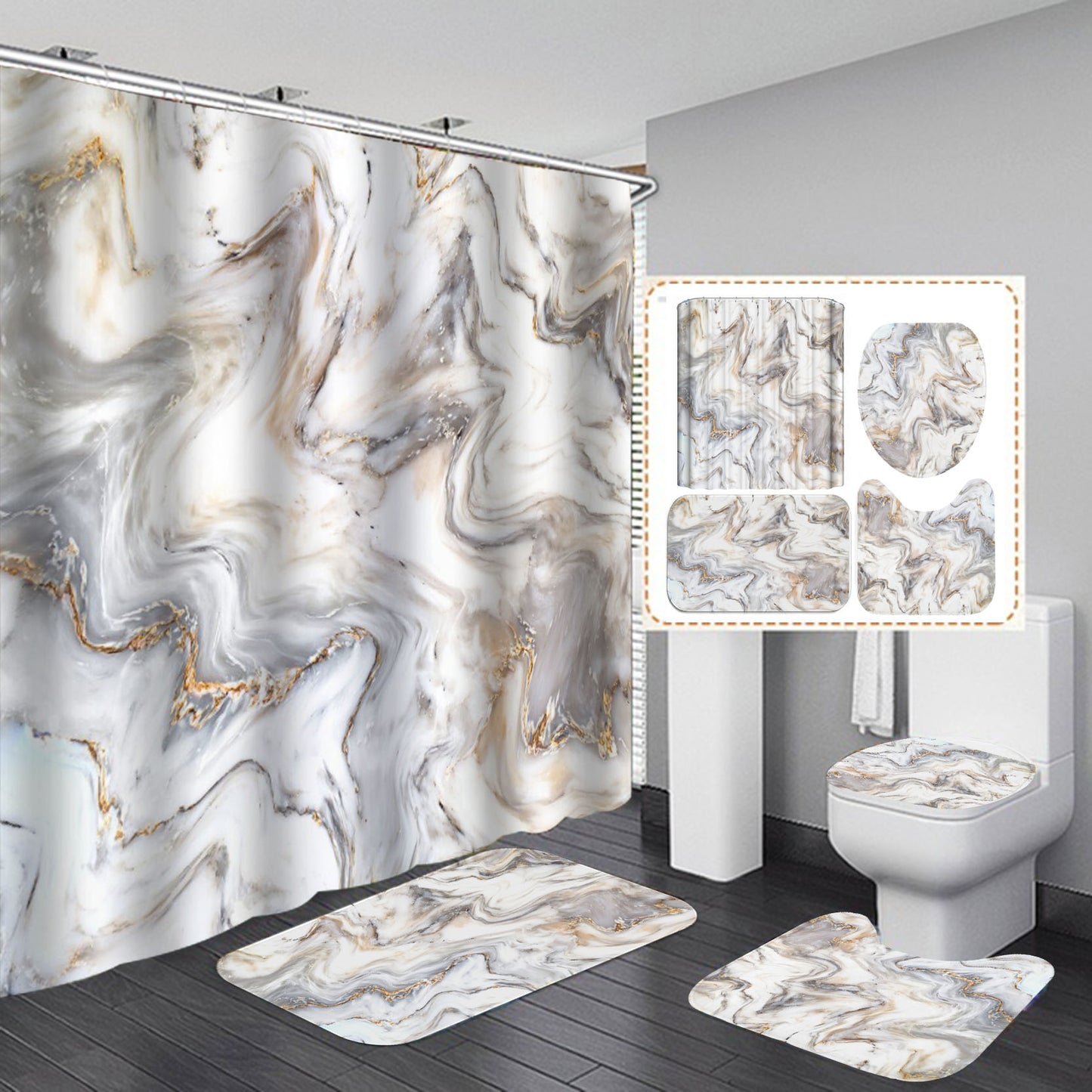 Marble White Shower Curtain Set with Non Slip Rug Bath Mat Carpet Modern Bathroom Curtains Toilet Lid Cover Home Decoration