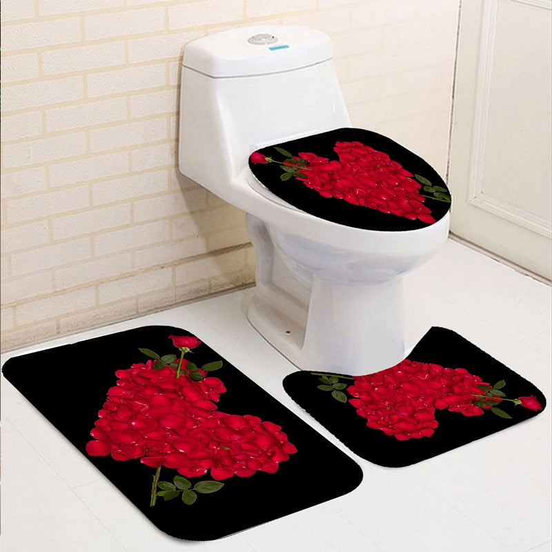 Butterfly Rose Flower Shower Curtain Sets Non-Slip Rugs Bath Mat Toilet Lid Cover 12 Hooks Waterproof Polyester Bathroom Decor