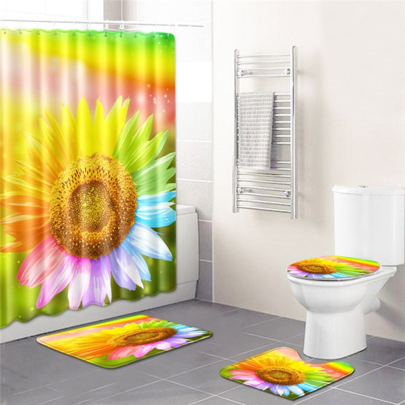 Elegant Flower Print Shower Curtain Set Waterproof Bathtub Screen Soft Bath Mats Carpets Rugs Bathroom Accessories Home Decor