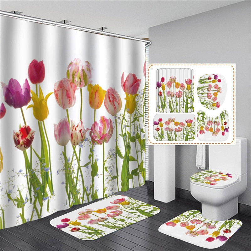 Pink Big Flowers Printed Shower Curtain Set with Rug Anti-slip Carpet Bathtub Toilet Screen Waterproof Bathroom Decor with Hooks