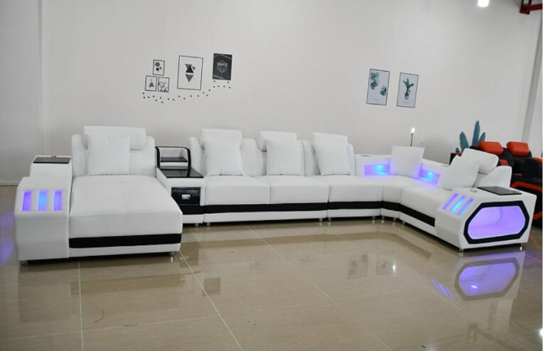 Living Room Furniture 5 Seats U Shaped Corner Sectional Leather Sofa +Coffee table+Tv Stand with Led lighting Sofa Set