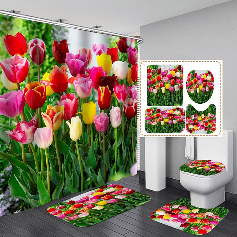 Butterfly Rose Flower Shower Curtain Sets Non-Slip Rugs Bath Mat Toilet Lid Cover 12 Hooks Waterproof Polyester Bathroom Decor