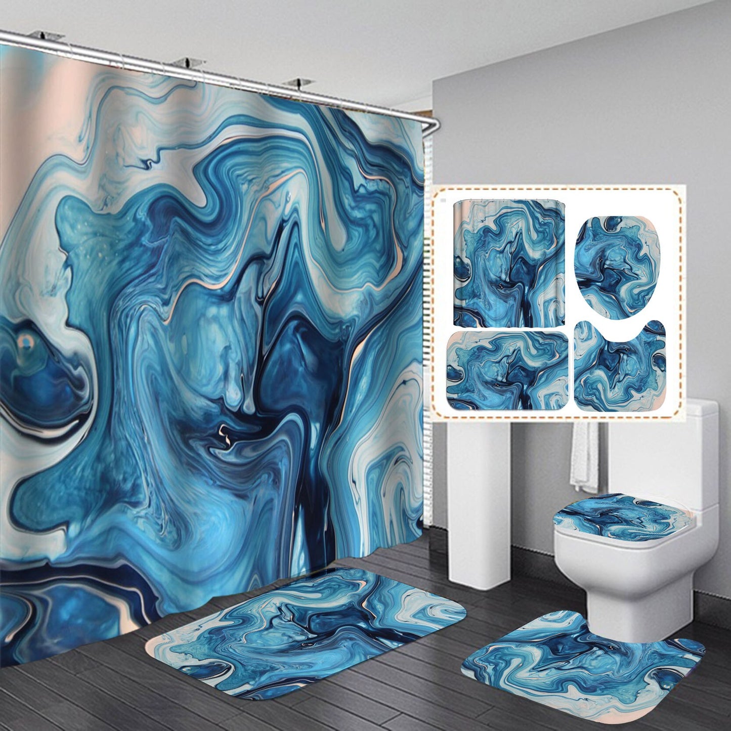 Marble White Shower Curtain Set with Non Slip Rug Bath Mat Carpet Modern Bathroom Curtains Toilet Lid Cover Home Decoration