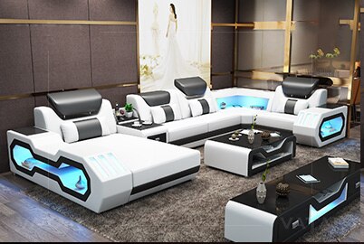 Living Room Furniture 5 Seats U Shaped Corner Sectional Leather Sofa +Coffee table+Tv Stand with Led lighting Sofa Set