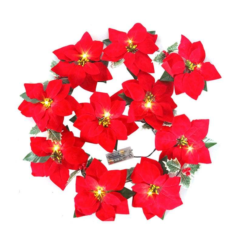 2m 10LED Christmas Poinsettia Flowers Decorations Garland String Lights Xmas Tree Ornaments Christmas Indoor Outdoor Home Decor