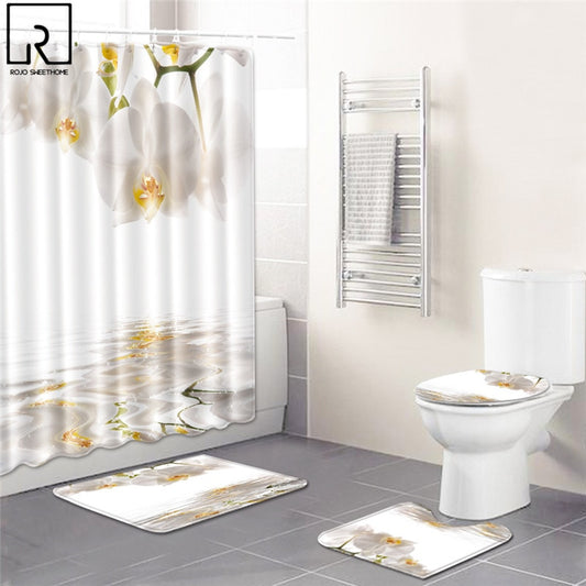 Elegant Flower Print Shower Curtain Set Waterproof Bathtub Screen Soft Bath Mats Carpets Rugs Bathroom Accessories Home Decor