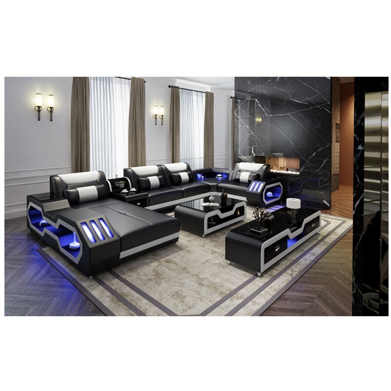 Living Room Furniture 5 Seats U Shaped Corner Sectional Leather Sofa +Coffee table+Tv Stand with Led lighting Sofa Set