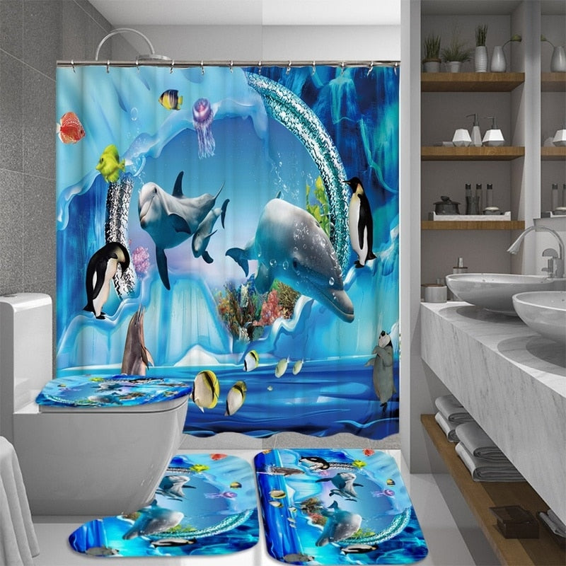 3D Elephant Print Bathroom Sets Ocean Dolphin Deep Sea Shower Curtain With 12 Hooks Pedestal Rug Lid Toilet Cover Bath Mat Set