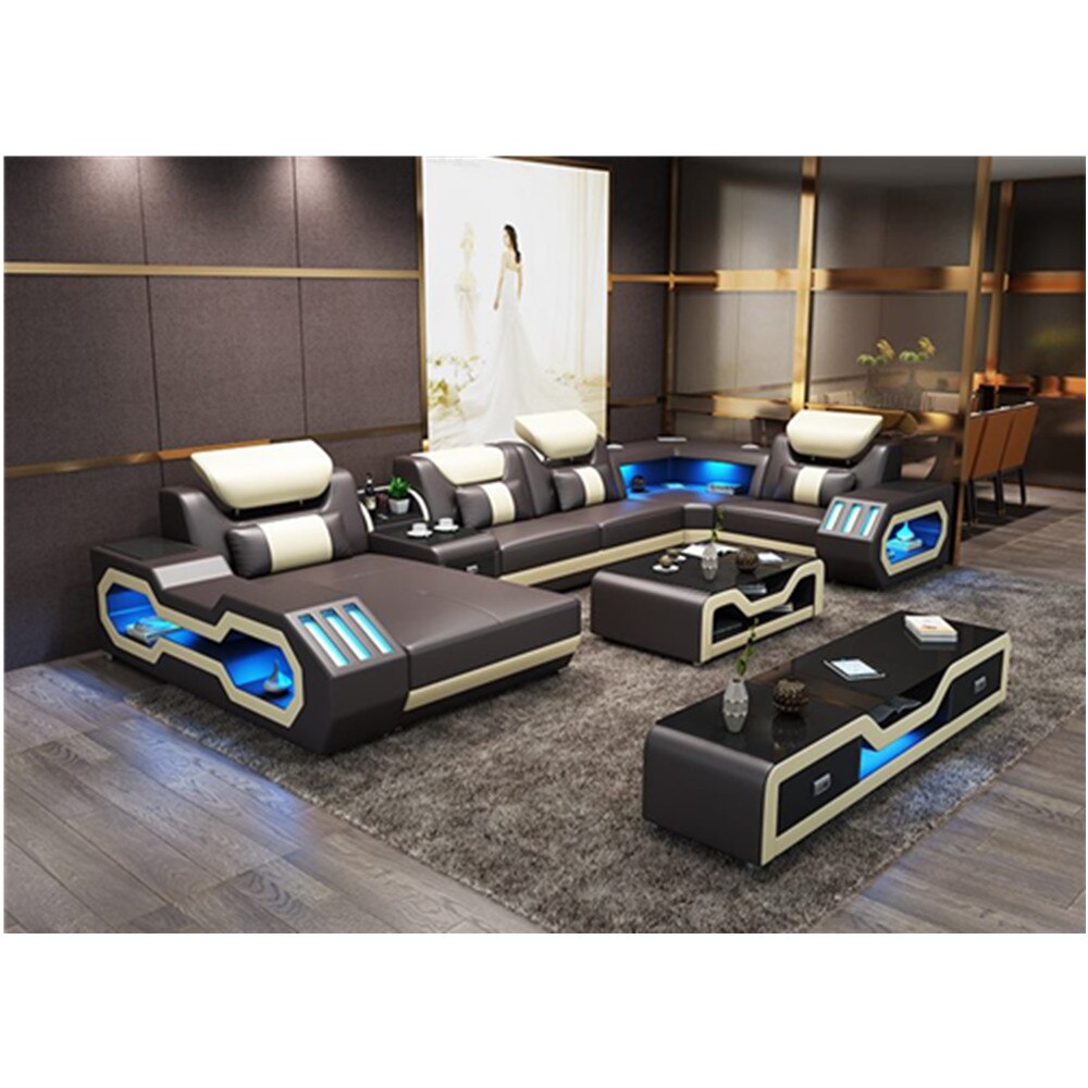 Living Room Furniture 5 Seats U Shaped Corner Sectional Leather Sofa +Coffee table+Tv Stand with Led lighting Sofa Set