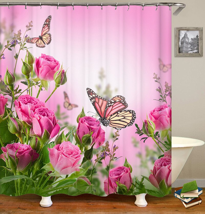 Butterfly Rose Flower Shower Curtain Sets Non-Slip Rugs Bath Mat Toilet Lid Cover 12 Hooks Waterproof Polyester Bathroom Decor