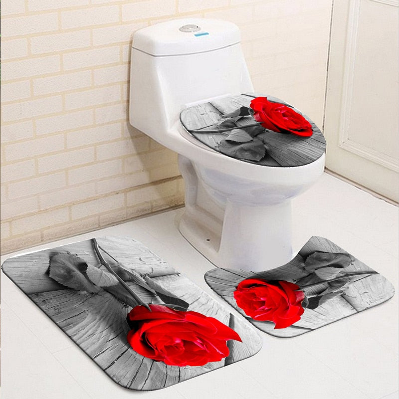 Butterfly Rose Flower Shower Curtain Sets Non-Slip Rugs Bath Mat Toilet Lid Cover 12 Hooks Waterproof Polyester Bathroom Decor