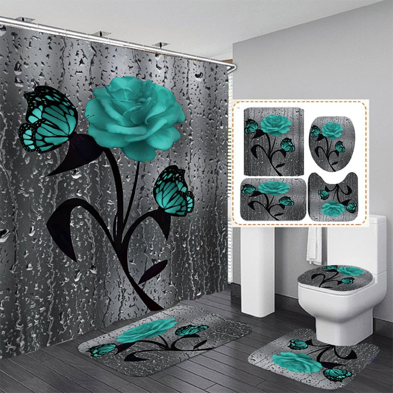 Butterfly Rose Flower Shower Curtain Sets Non-Slip Rugs Bath Mat Toilet Lid Cover 12 Hooks Waterproof Polyester Bathroom Decor