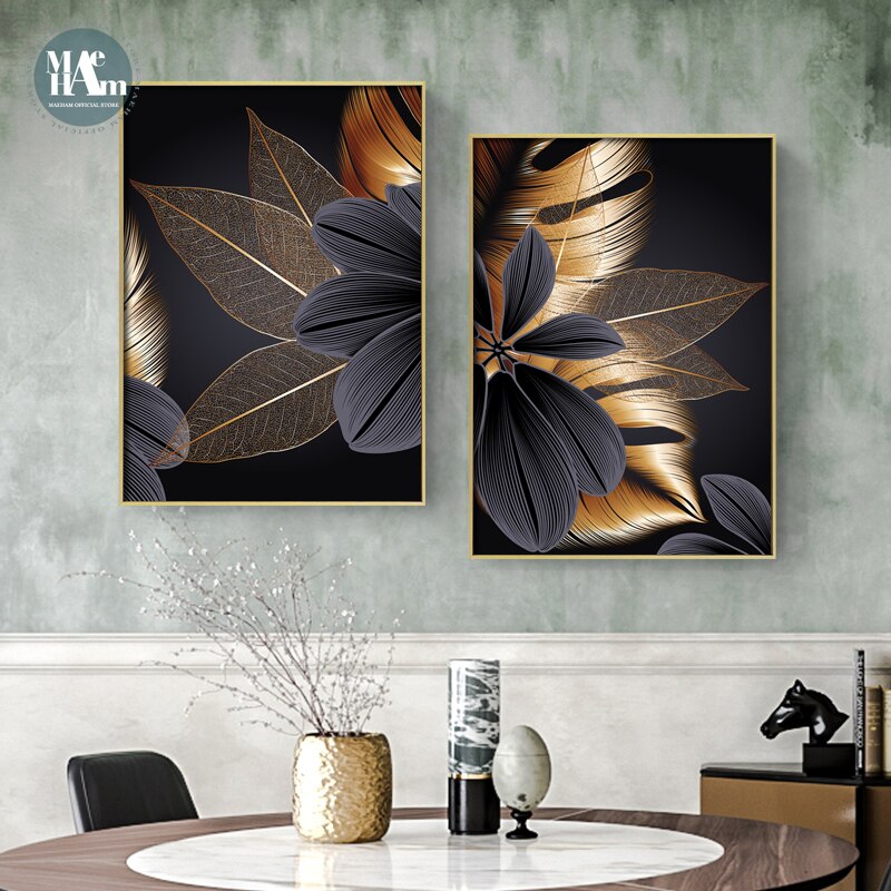 Nordic Black Golden Plant Leaf Canvas Posters Print Modern Abstract Wall Art Painting Decoration Picture Living Room Home Decor