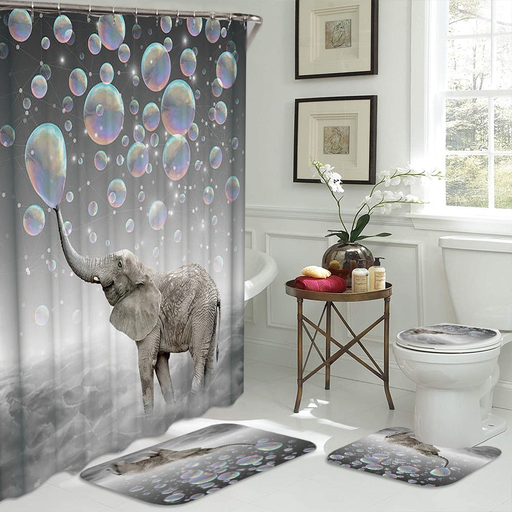 3D Elephant Print Bathroom Sets Ocean Dolphin Deep Sea Shower Curtain With 12 Hooks Pedestal Rug Lid Toilet Cover Bath Mat Set