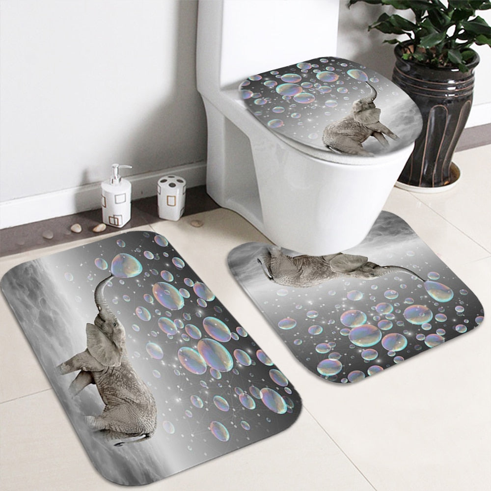 3D Elephant Print Bathroom Sets Ocean Dolphin Deep Sea Shower Curtain With 12 Hooks Pedestal Rug Lid Toilet Cover Bath Mat Set