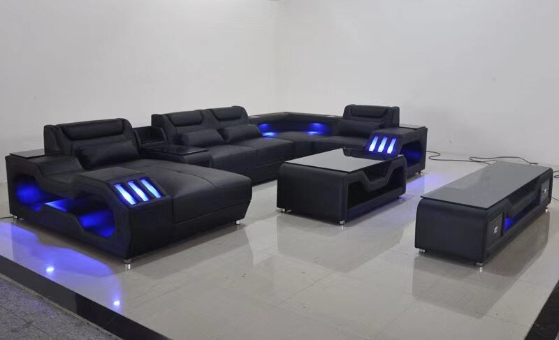 Living Room Furniture 5 Seats U Shaped Corner Sectional Leather Sofa +Coffee table+Tv Stand with Led lighting Sofa Set