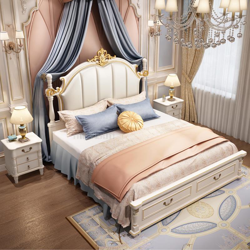 Household Bedroom Furniture Set Luxury King Size American Princess Bed Girl Liked Antique Solid Wood Carved Master Bed 1.8M