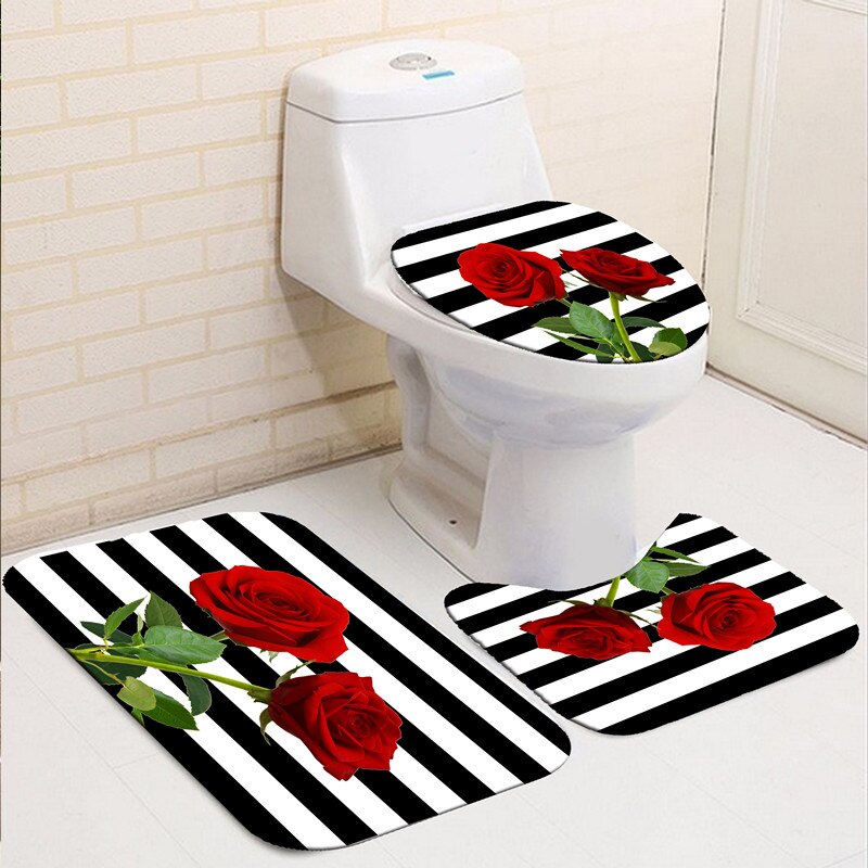 Butterfly Rose Flower Shower Curtain Sets Non-Slip Rugs Bath Mat Toilet Lid Cover 12 Hooks Waterproof Polyester Bathroom Decor