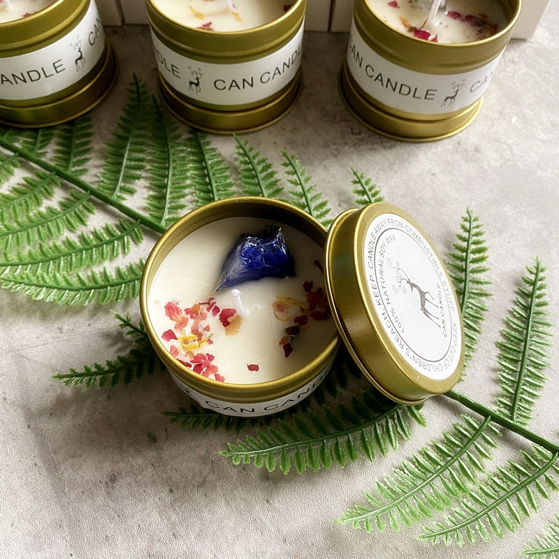 Golden Tin Box Aromatherapy Candles Crystal Stone Dried Flower Scented Soy Wax Smokeless Candle Home Decoration