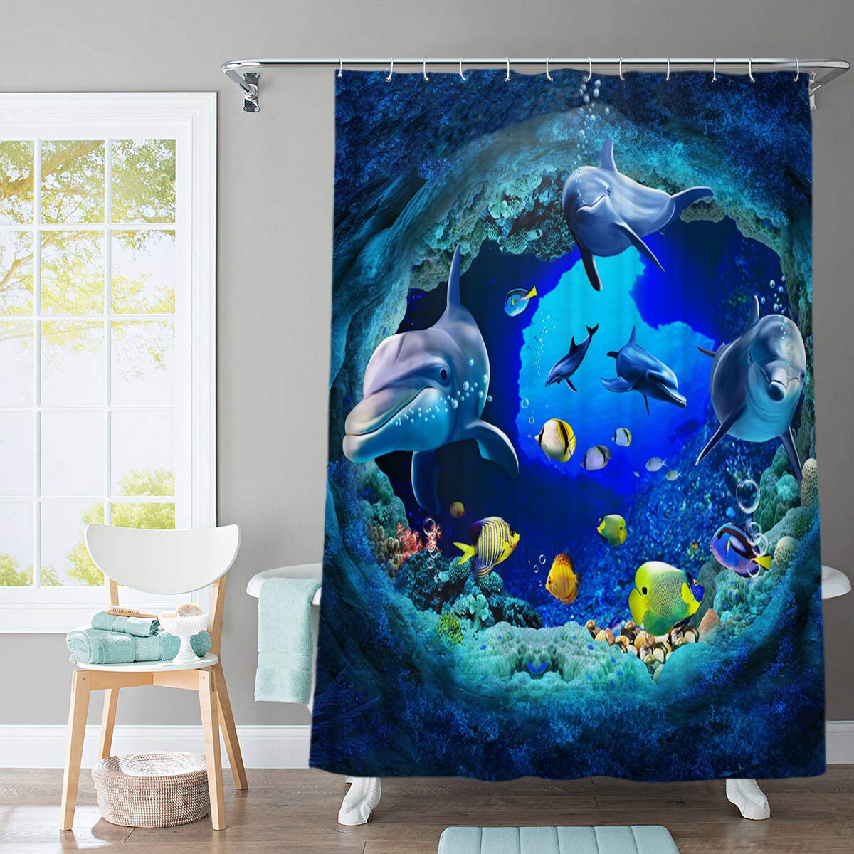 3D Elephant Print Bathroom Sets Ocean Dolphin Deep Sea Shower Curtain With 12 Hooks Pedestal Rug Lid Toilet Cover Bath Mat Set