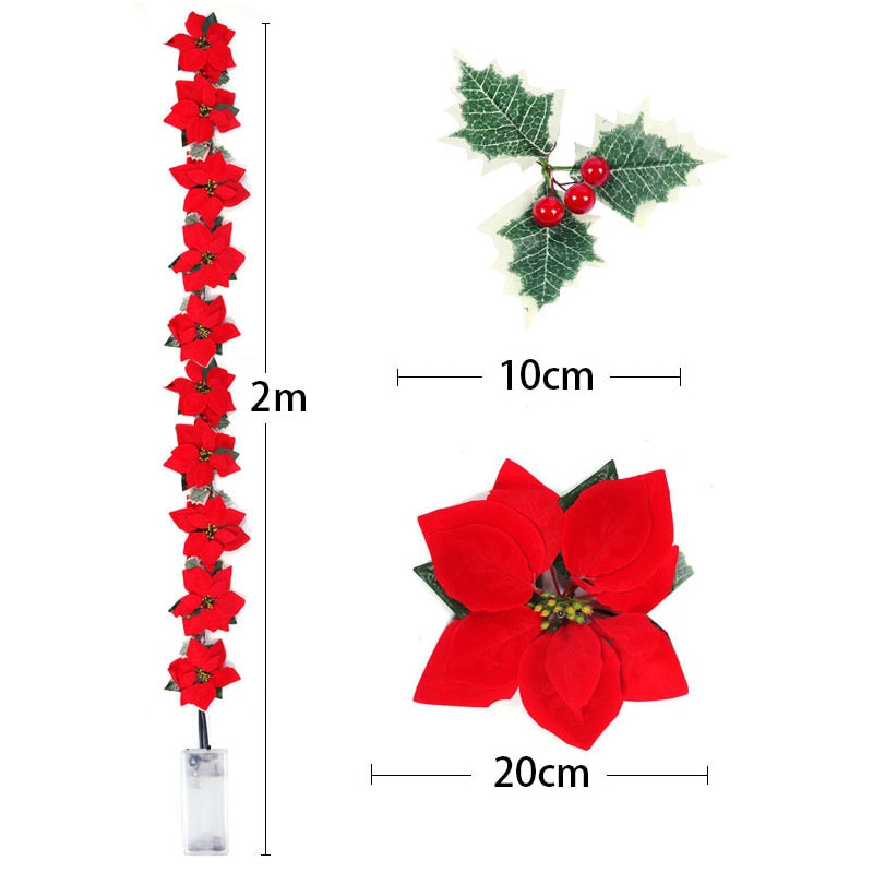 2m 10LED Christmas Poinsettia Flowers Decorations Garland String Lights Xmas Tree Ornaments Christmas Indoor Outdoor Home Decor