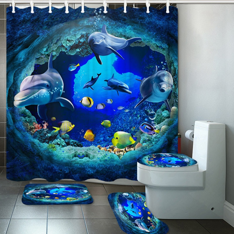 3D Elephant Print Bathroom Sets Ocean Dolphin Deep Sea Shower Curtain With 12 Hooks Pedestal Rug Lid Toilet Cover Bath Mat Set