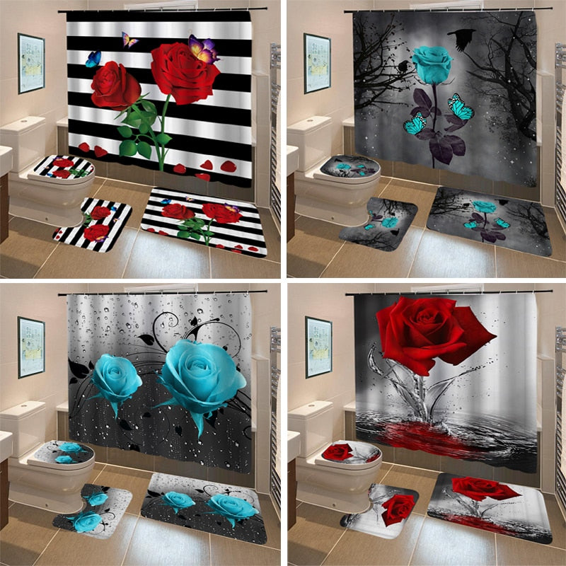 Butterfly Rose Flower Shower Curtain Sets Non-Slip Rugs Bath Mat Toilet Lid Cover 12 Hooks Waterproof Polyester Bathroom Decor