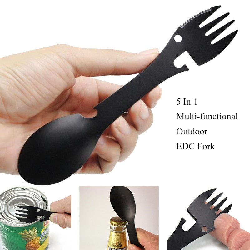 Outdoor Survival Tools 5 in 1 Camping Multi-functional EDC Kit Practical Fork Knife Spoon Bottle/Can Opener Multi-purpose