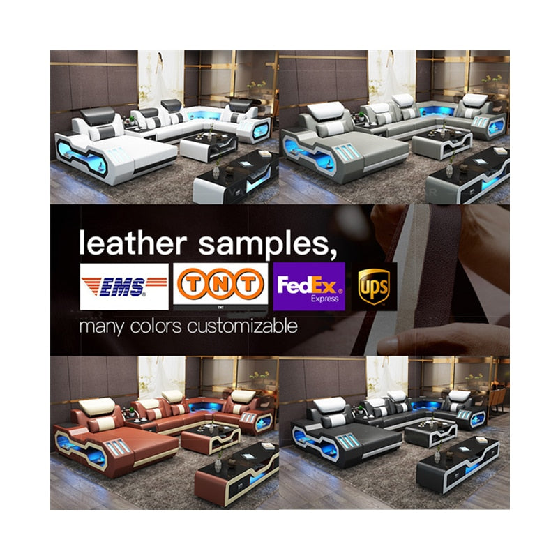 Living Room Furniture 5 Seats U Shaped Corner Sectional Leather Sofa +Coffee table+Tv Stand with Led lighting Sofa Set