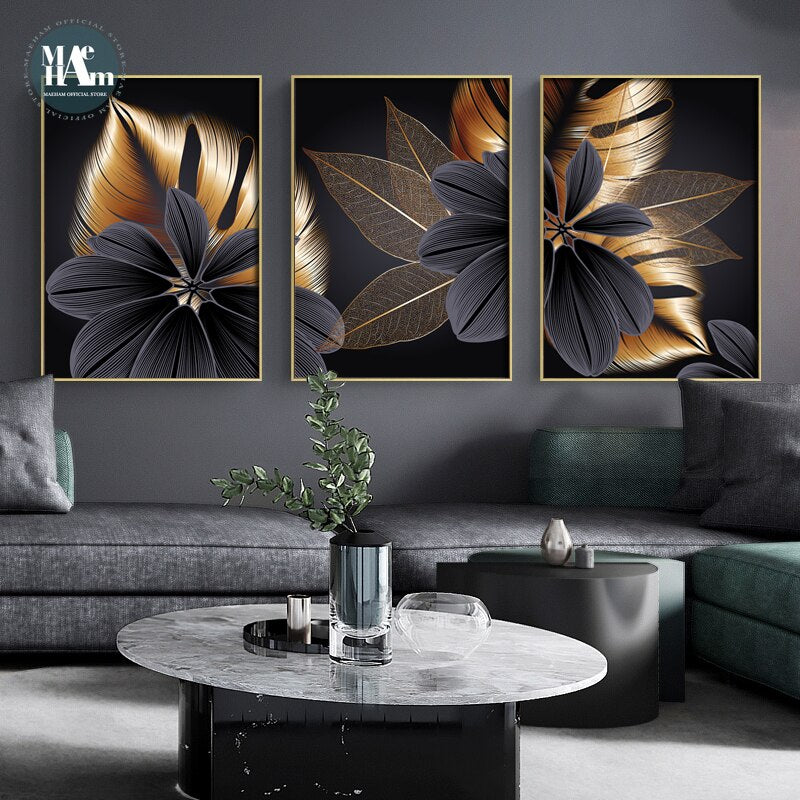 Nordic Black Golden Plant Leaf Canvas Posters Print Modern Abstract Wall Art Painting Decoration Picture Living Room Home Decor