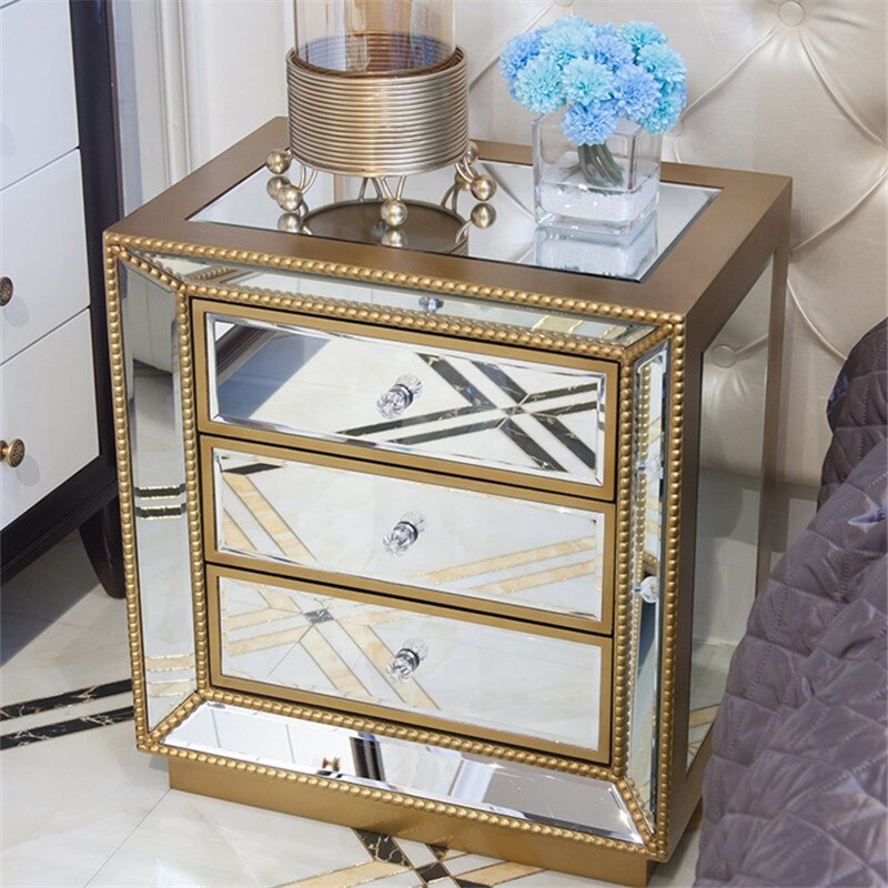 2021 Mirrored Bedside Table Drawer Cabinet Glass side Nightstand Bedroom Sets Wholesale