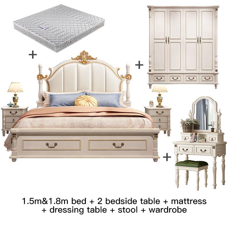 Household Bedroom Furniture Set Luxury King Size American Princess Bed Girl Liked Antique Solid Wood Carved Master Bed 1.8M