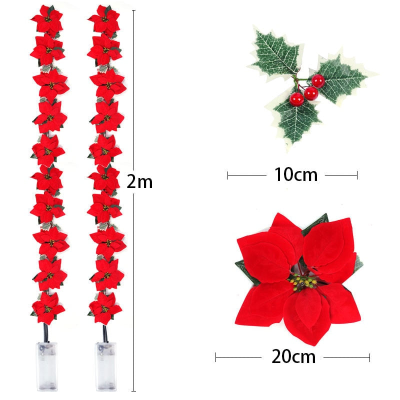 2m 10LED Christmas Poinsettia Flowers Decorations Garland String Lights Xmas Tree Ornaments Christmas Indoor Outdoor Home Decor