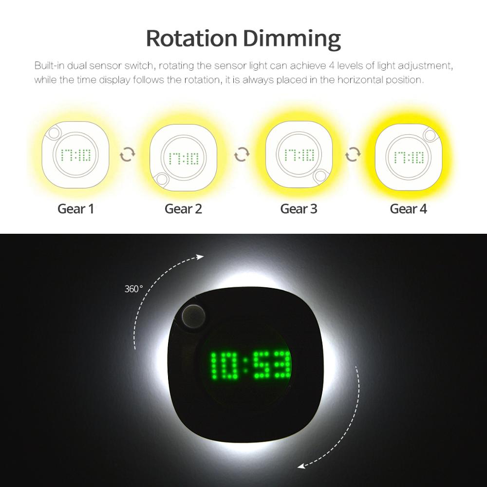 PIR Motion Sensor LED Clock Digital Display Rotate Dimmable Night Clock Lights White/ Warm White USB/Battery Powered Wall Clock