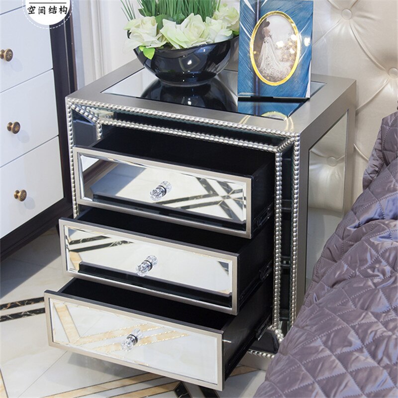 2021 Mirrored Bedside Table Drawer Cabinet Glass side Nightstand Bedroom Sets Wholesale