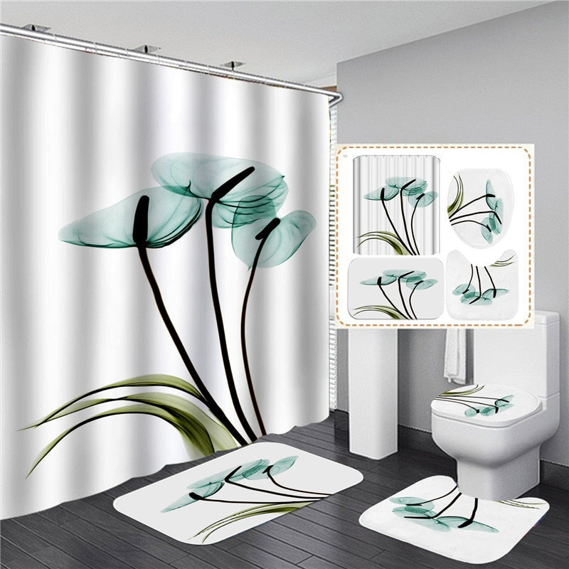 Elegant Flower Print Shower Curtain Set Waterproof Bathtub Screen Soft Bath Mats Carpets Rugs Bathroom Accessories Home Decor