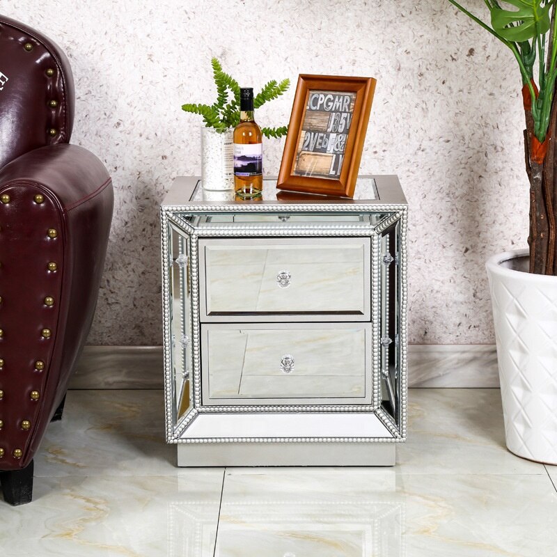 2021 Mirrored Bedside Table Drawer Cabinet Glass side Nightstand Bedroom Sets Wholesale