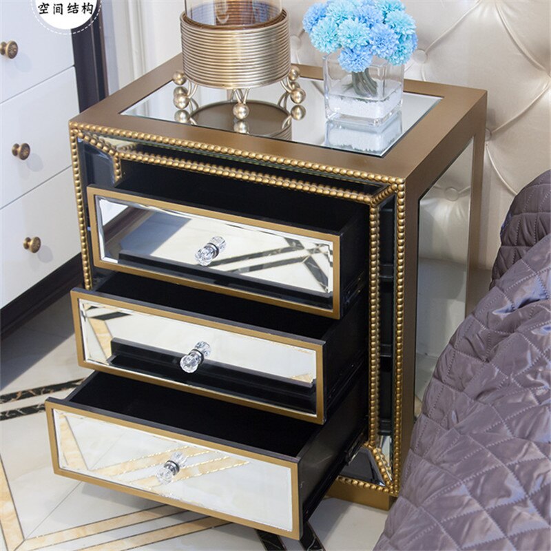 2021 Mirrored Bedside Table Drawer Cabinet Glass side Nightstand Bedroom Sets Wholesale