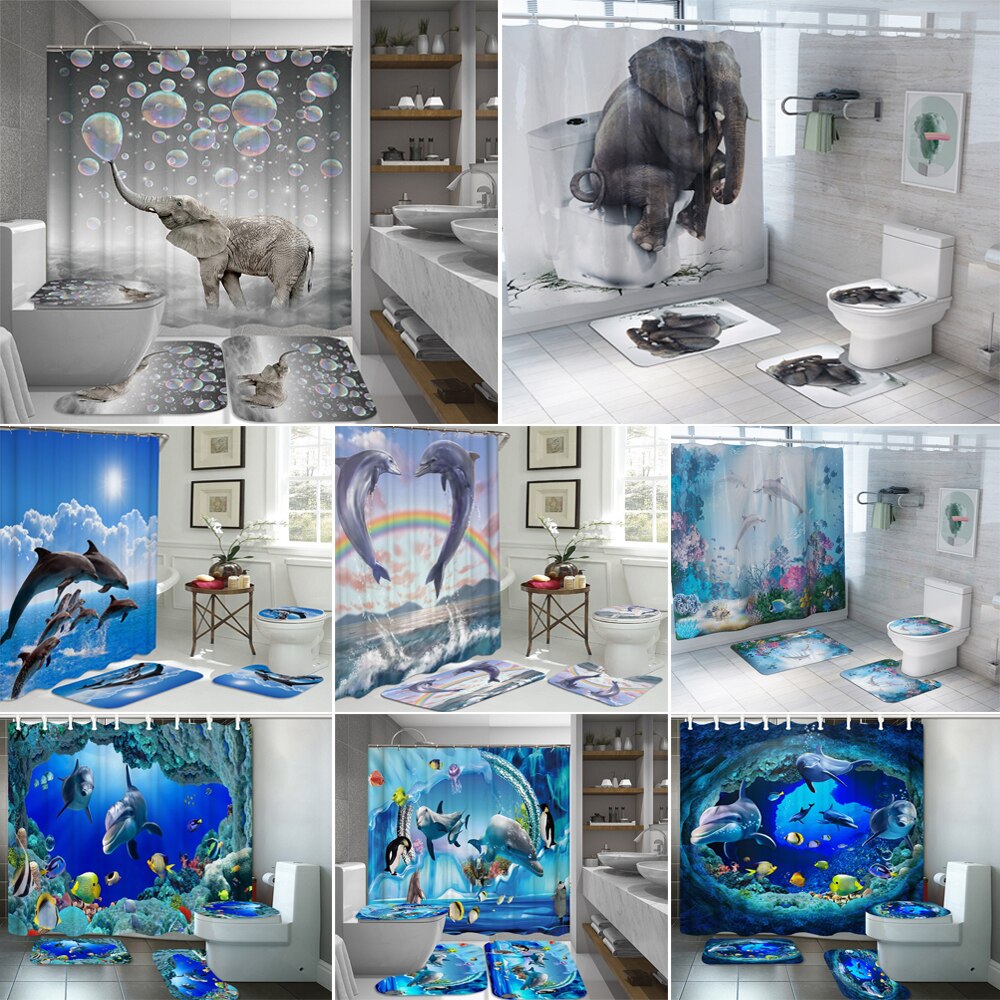 3D Elephant Print Bathroom Sets Ocean Dolphin Deep Sea Shower Curtain With 12 Hooks Pedestal Rug Lid Toilet Cover Bath Mat Set