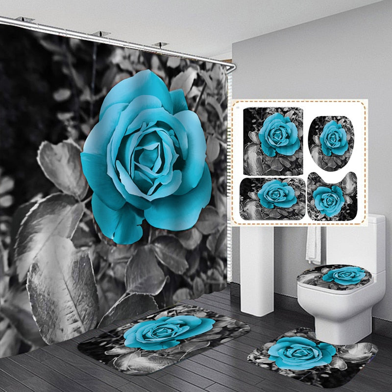 Butterfly Rose Flower Shower Curtain Sets Non-Slip Rugs Bath Mat Toilet Lid Cover 12 Hooks Waterproof Polyester Bathroom Decor