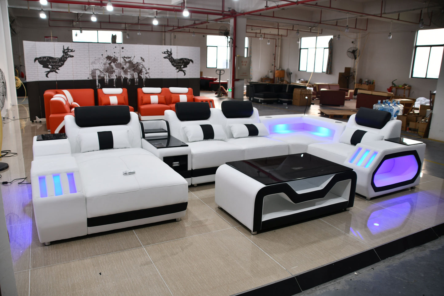 Living Room Furniture 5 Seats U Shaped Corner Sectional Leather Sofa +Coffee table+Tv Stand with Led lighting Sofa Set